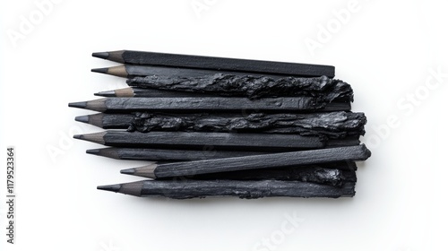 A dynamic composition of art supplies, featuring pencils and charcoal sticks, neatly arranged on a white background, photo