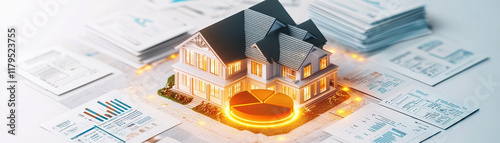 model home surrounded by glowing investment charts and documents, showcasing real estate potential and financial growth