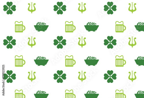 Vector Large Seamless Festive St. Patrick's Day Pattern with Shamrocks, Horseshoes, Harps, and Beer Icons