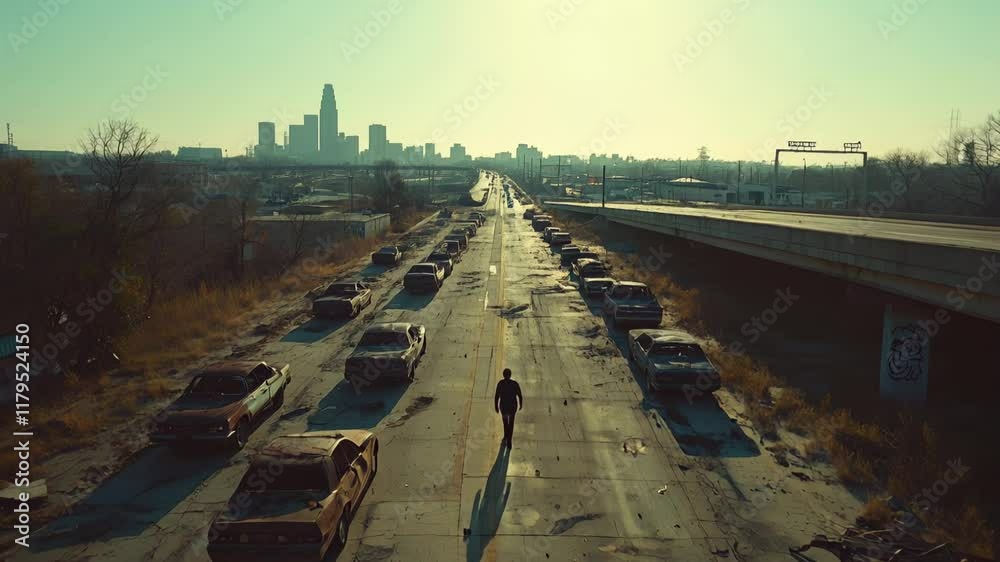 Lone person walking along abandoned highway with deserted cars, man on road overlooking city, concept of post apocalypse, dystopia. 