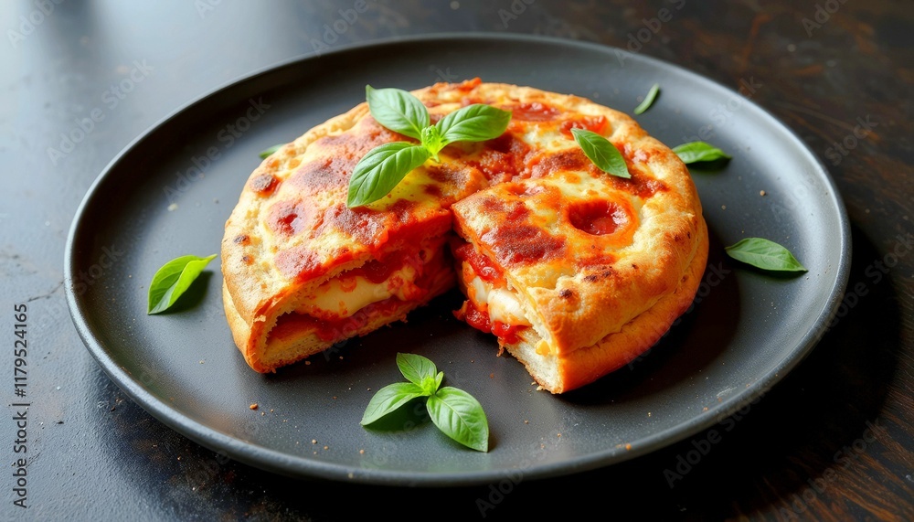 Homemade Pizza with Fresh Basil on Dark Plate Homemade Pizza with Fresh Basil on Dark Plate