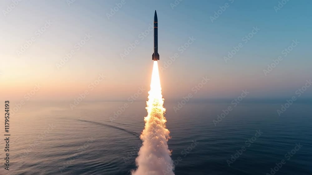 Ballistic rocket launch at sea with dramatic smoke and vapor, military missile starting from underwater in ocean. Concept of war, water. 