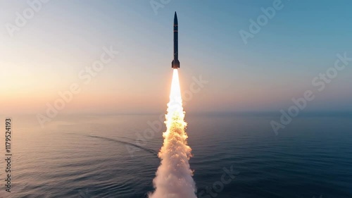 Ballistic rocket launch at sea with dramatic smoke and vapor, military missile starting from underwater in ocean. Concept of war, water. 