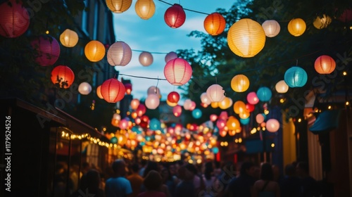 Colorful Lanterns Illuminate the Street at Dusk for a Magical Evening Experience