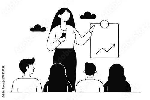 Woman delivers a presentation to a captivated audience, showcasing her ideas and insights effectively Hand drawn black doodle line art flat vector illustration on white background.