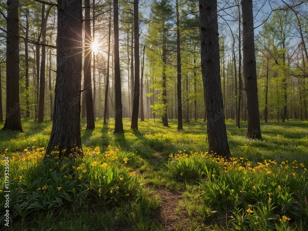 Obraz premium sunny clearing in the forest as a background with sun rays breaking through the tree crowns blooming forest flowers