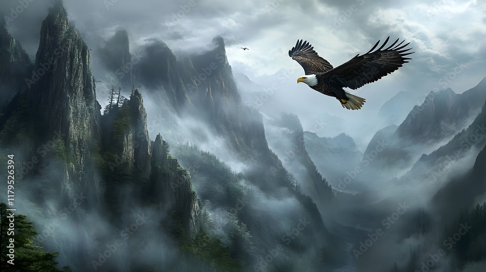 A photo of a bald eagle soaring above a misty mountain range. A photo of a bald eagle soaring above a misty mountain range.