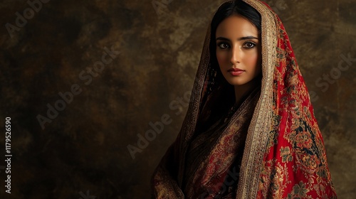 Woman in red shawl, dramatic pose, textured background, fashion portrait photo