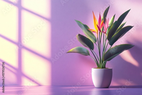 Bird of paradise plant pot, sunlit wall, interior decor photo