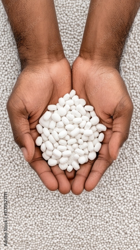 Obraz premium Rubber-gloved hands carefully hold small white beads above a textured white carpet scattered with larger acrylic powder granules