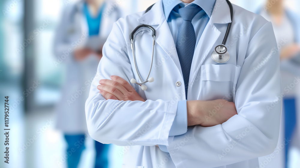 Professional Doctor in Hospital Corridor with Stethoscope, Medical Team in Background, Healthcare Photograph for Medical Use Cases Professional Doctor in Hospital Corridor with Stethoscope, Medical Team in Background, Healthcare Photograph for Medical Use Cases