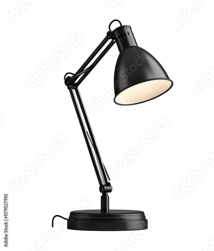A black lamp with a white shade sits on a white background. The lamp is turned on, and the light is shining brightly. The lamp has a modern, sleek design
