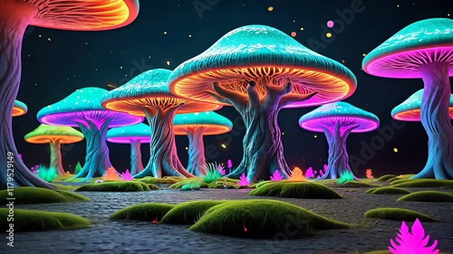 Glowing psychedelic mushrooms in a vibrant fantasy forest with neon colors and a mystical atmosphere

 photo