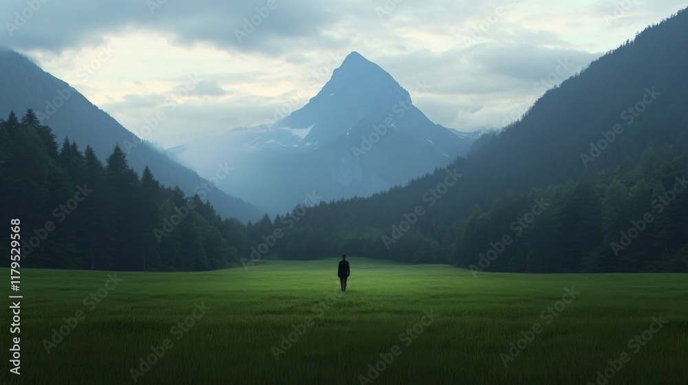 Fototapeta premium Solitary figure walking across a vast green field, majestic mountains in the background.