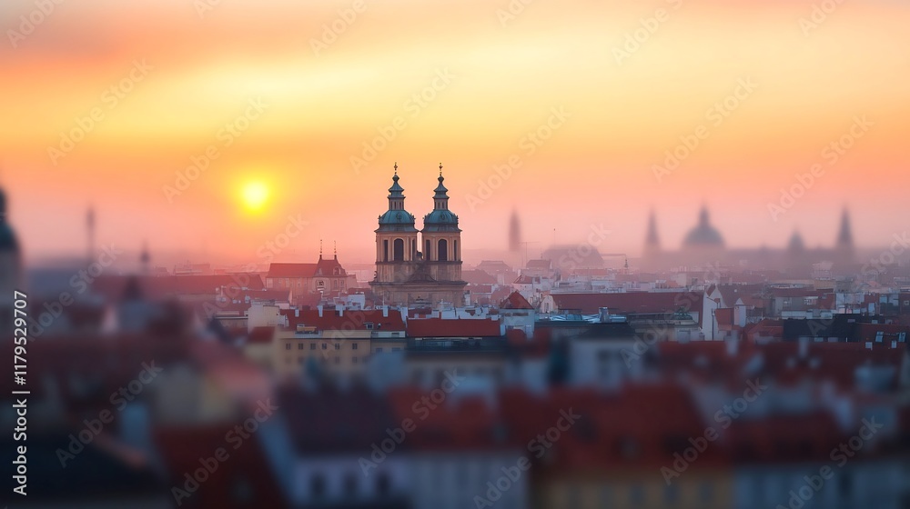 Obraz premium Blurred Cityscape at Sunrise with Golden Hues and Peaceful Atmosphere