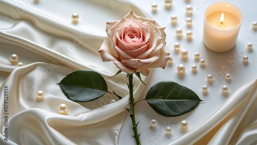 Elegant Pink Rose with Candlelight and Pearls on Satin Fabric - Romantic Still Life photo