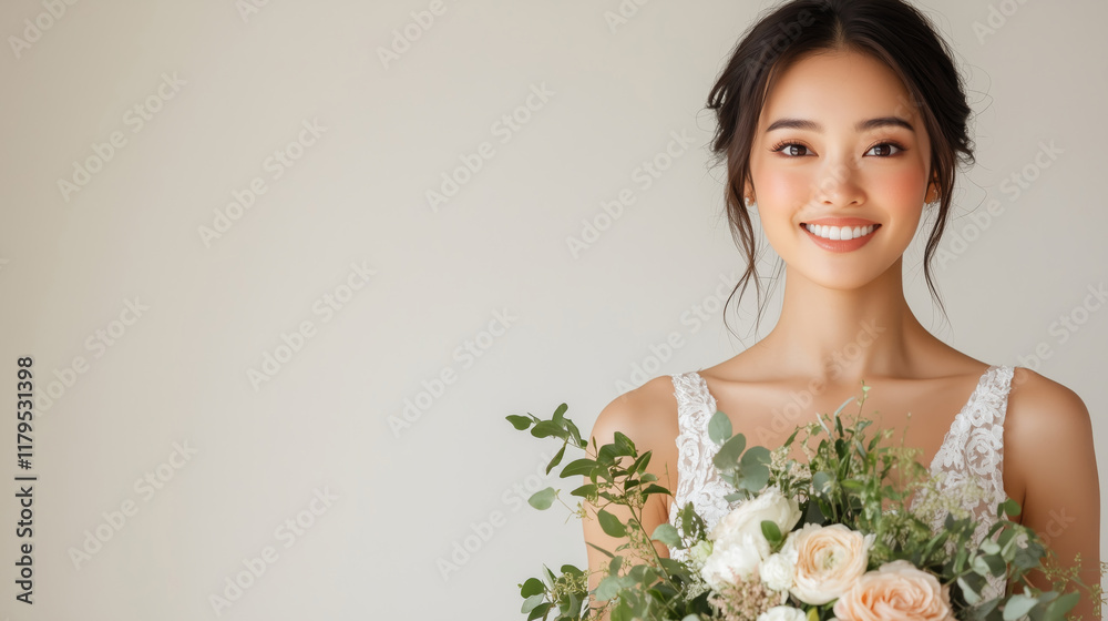 Smiling bride holding a bouquet of pastel flowers. Bridal portrait concept for wedding articles and beauty advertisements. Smiling bride holding a bouquet of pastel flowers. Bridal portrait concept for wedding articles and beauty advertisements.