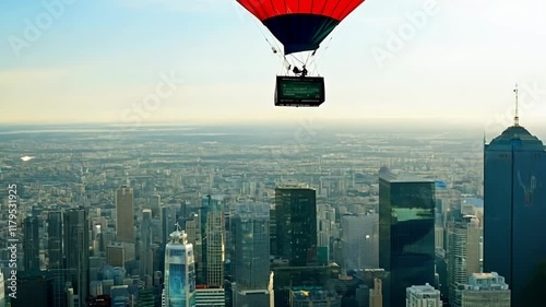 Hot air balloon flying over city in colors of flag of united states of america. President's day. USA day. Independence day of america. Patriotic memorial american composition red style decoration patr photo