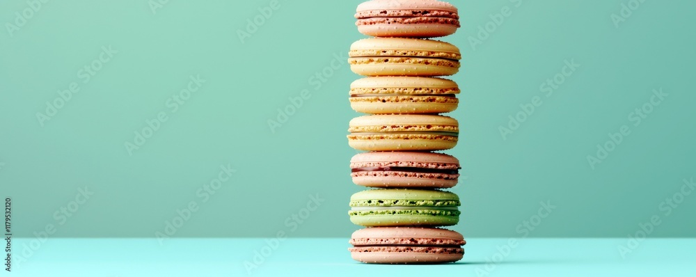 Colorful Macarons Stacked Neatly Against a Soft Mint Green Background for Dessert and Bakery Themes Colorful Macarons Stacked Neatly Against a Soft Mint Green Background for Dessert and Bakery Themes