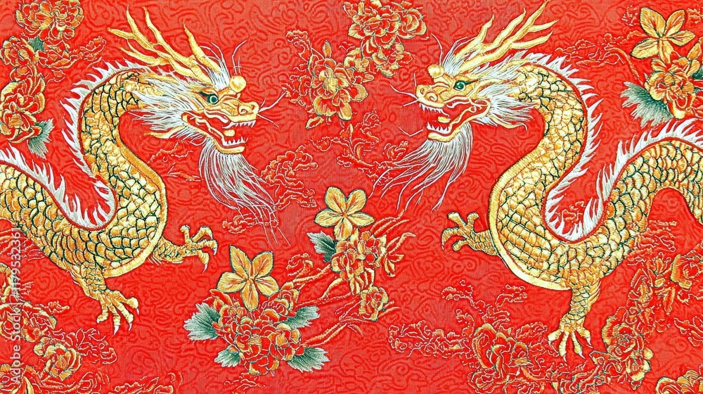 Obraz premium Vibrant Red Background with Majestic Golden Dragons Surrounded by Intricate Floral Patterns Symbolizing Power and Good Fortune in Asian Culture