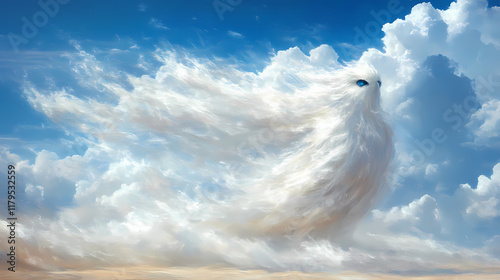 Ethereal air elemental in swirling motion, blending with clouds in a mystical sky. Windborne. Illustration