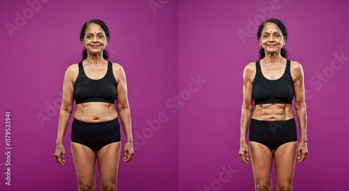 Inspirational fitness transformation of mature south asian woman against vibrant background