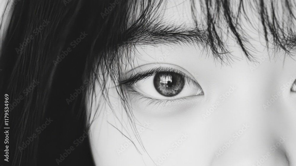 Fototapeta premium Close-up monochrome portrait of a young woman's expressive eyes and face.