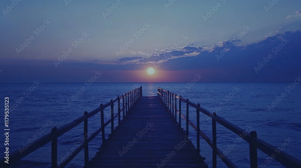 Obraz premium Serene sunset pier ocean view, calm waters, peaceful sky