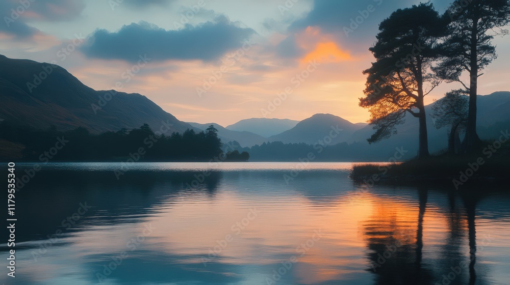 Fototapeta premium Serene Sunset Reflections on the Lake with Mountains in the Background
