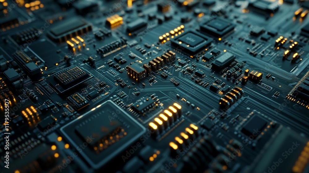 Fototapeta premium Electronic circuit board showing glowing components and data flow