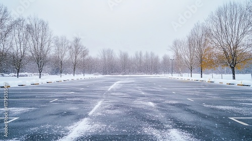Empty parking lot during a snowy winter. 