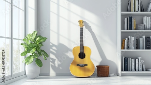 A minimalist modern living room with an acoustic guitar displayed as a decorative element near a sleek bookshelf, photo