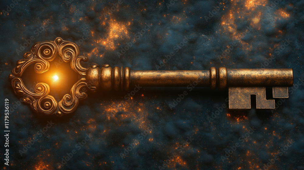 Ancient ornate golden key with glowing light against mysterious background Ancient ornate golden key with glowing light against mysterious background