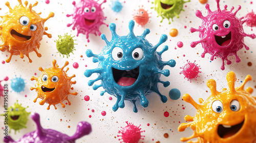 Cartoon viruses with happy faces.