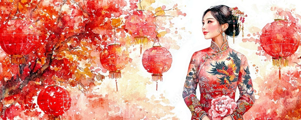 Fototapeta premium Elegant Asian Woman in Traditional Dress Surrounded by Vibrant Red Lanterns and Autumn Leaves in Artistic Watercolor Style