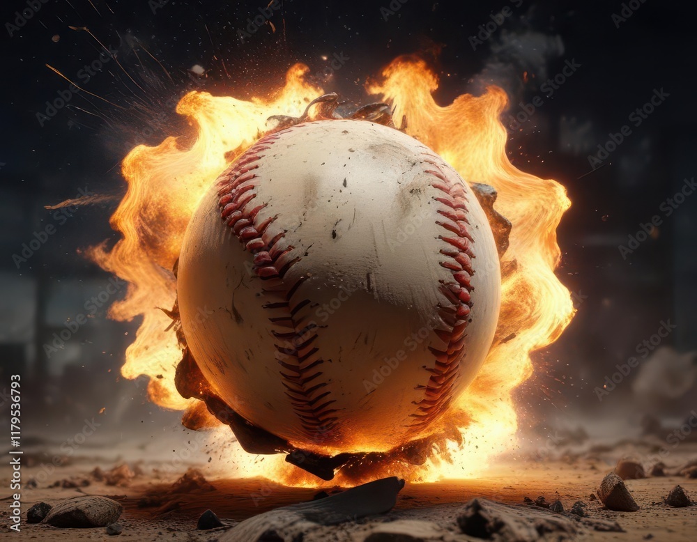Fiery baseball explodes mid-air, fiery debris , dust, fiery, impact Fiery baseball explodes mid-air, fiery debris , dust, fiery, impact