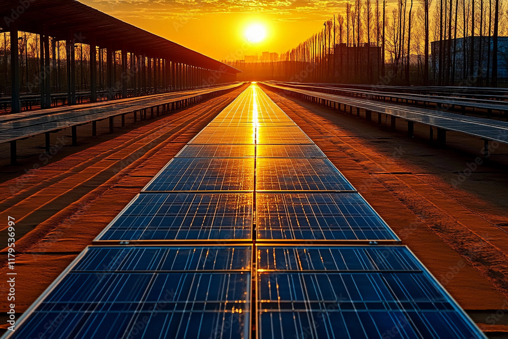 Fototapeta premium Solar Energy, Solar Energy Desert, Solar Energy Sunset, Renewable energy, sustainable- Solar Panel at Sunset, Expansive Desert Solar Farm