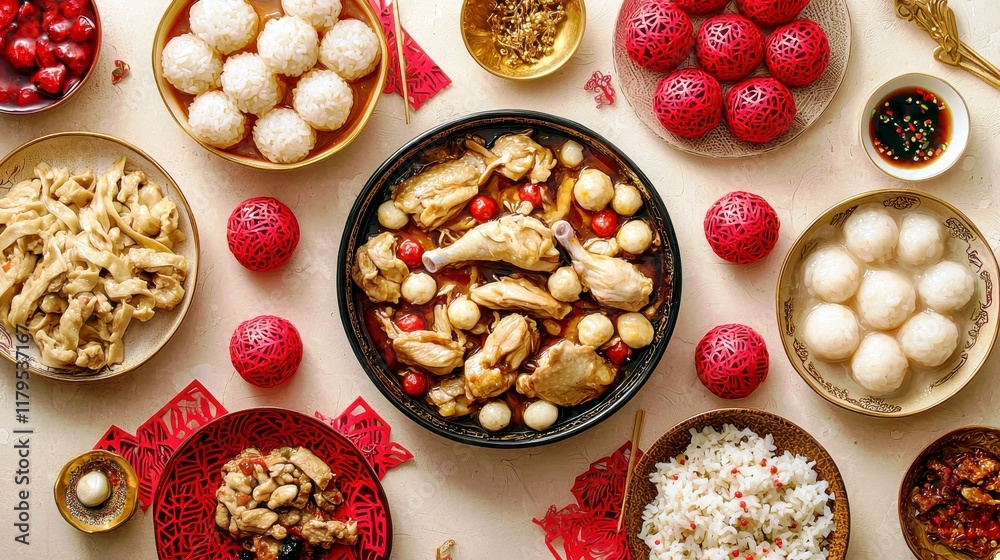 Traditional Festive Meal Layout with Chicken, Sweet Rice Balls, and Colorful Decorations for Celebration in Asian Cuisine Traditional Festive Meal Layout with Chicken, Sweet Rice Balls, and Colorful Decorations for Celebration in Asian Cuisine