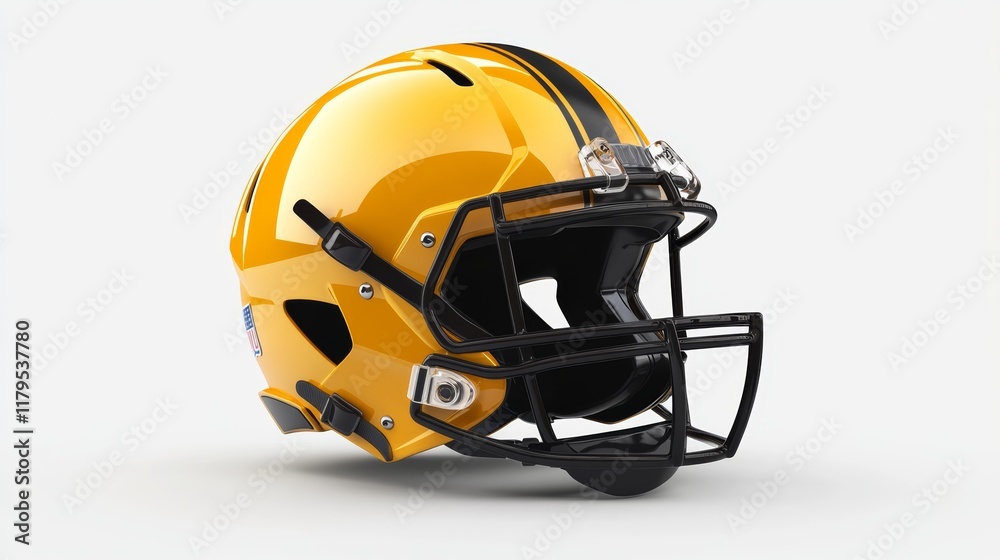 Fototapeta premium A modern football helmet with faceguard details, tilted slightly on a white background,
