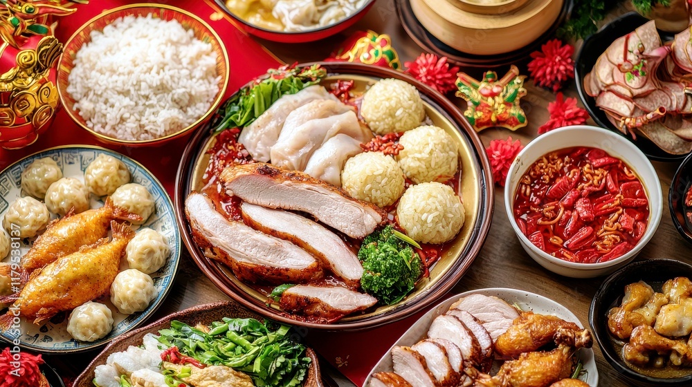 Delicious Array of Traditional Asian Cuisine Featuring Succulent Meats, Rice, Dumplings, and Vibrant Vegetables Laid Out on Festive Table Setting Delicious Array of Traditional Asian Cuisine Featuring Succulent Meats, Rice, Dumplings, and Vibrant Vegetables Laid Out on Festive Table Setting