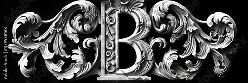 Elegant Initial 'B' in Monochrome with Vintage Floral Motifs - Classic Calligraphy for Sophisticated Designs photo