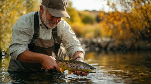 Senior Fly Fisherman Holding Brown Trout in Autumn River