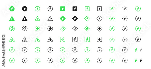 Big eco electric green icon set. Black, outline and green lightning symbol set. Energy thunderbolt and power energy bolt signs in vector flat style.