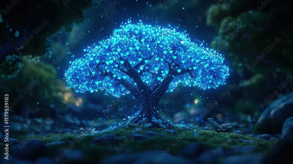 Mystical 3D Tree with Heart-Shaped Leaves Glowing in Enchanted Forest Scene Mystical 3D Tree with Heart-Shaped Leaves Glowing in Enchanted Forest Scene
