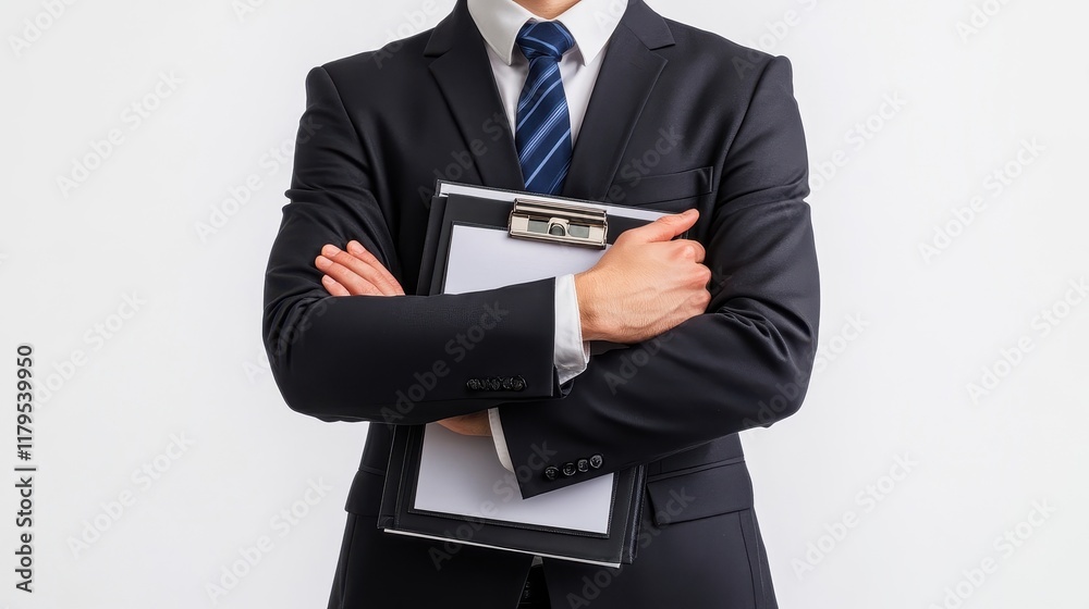 Confident Businessman Holding Clipboard in Suit Confident Businessman Holding Clipboard in Suit
