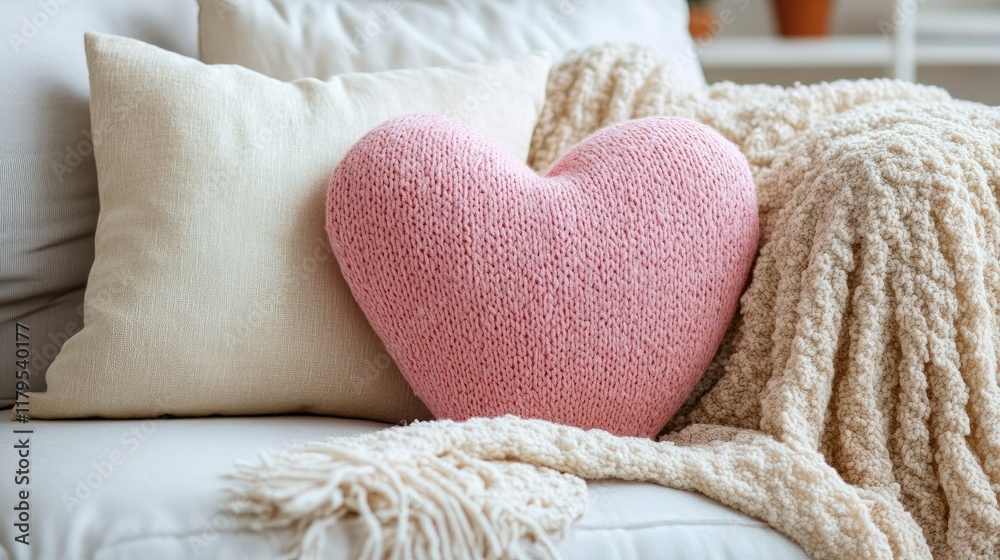 Simple and cozy: a pink heart-shaped pillow sits on a white sofa with a beige blanket draped casually. Simple and cozy: a pink heart-shaped pillow sits on a white sofa with a beige blanket draped casually.