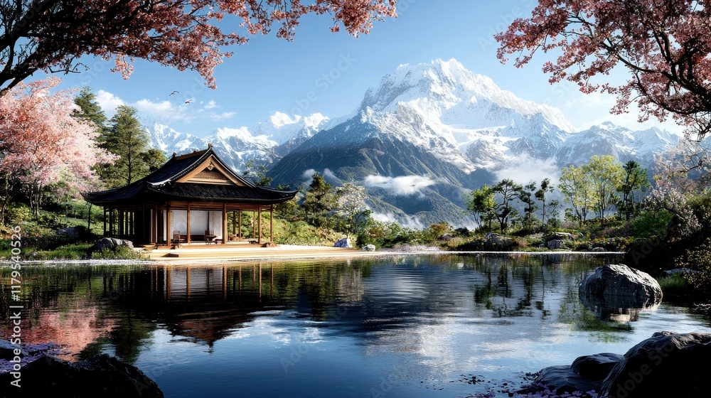 Fototapeta premium Serene Landscape of a Tranquil Lake Surrounded by Cherry Blossoms and Majestic Mountains