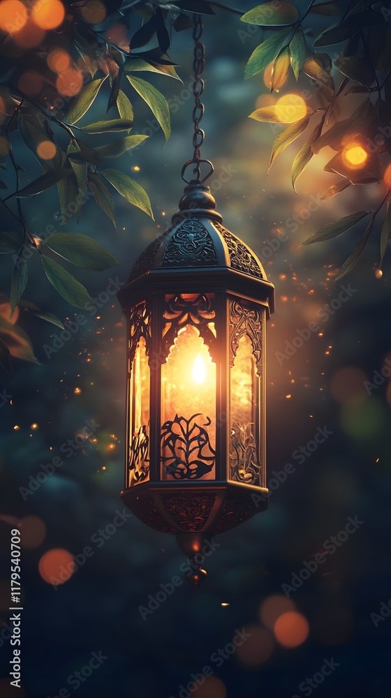 Ramadan themed greeting poster design. Lanterns for Eid al-Fitr and Ramadan Kareem with soft light and leaves background, with space for text Ramadan themed greeting poster design. Lanterns for Eid al-Fitr and Ramadan Kareem with soft light and leaves background, with space for text
