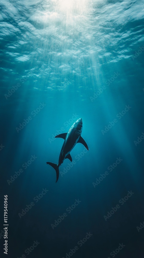 Obraz premium Great white shark swimming in the deep blue ocean, illuminated by sunbeams penetrating the surface, creating a dramatic and captivating underwater scene
