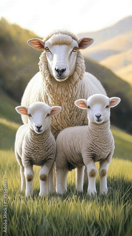 Obraz premium Mother sheep and her playful lamb are enjoying a sunny day in a vibrant, grassy field surrounded by trees and a distant farm
